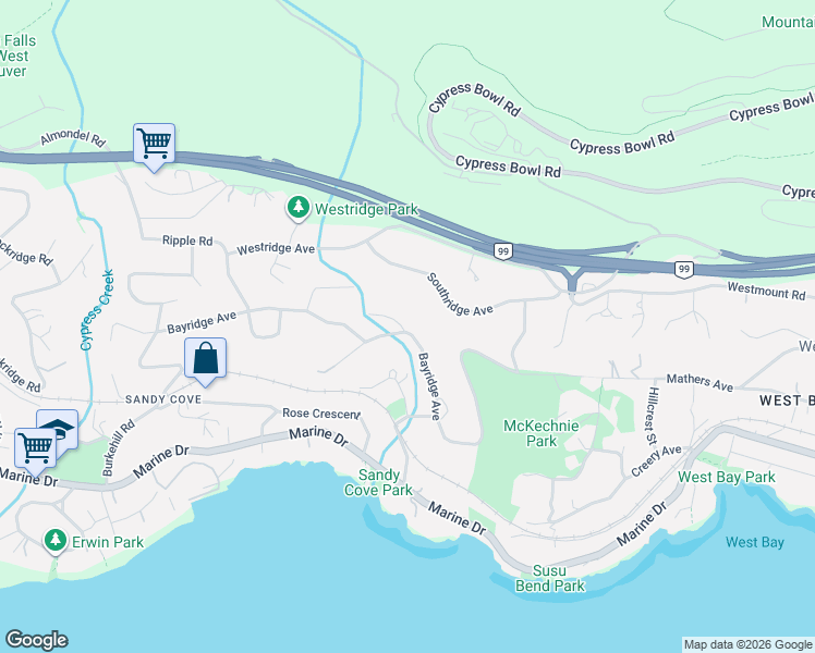 map of restaurants, bars, coffee shops, grocery stores, and more near 3897 Bayridge Avenue in West Vancouver
