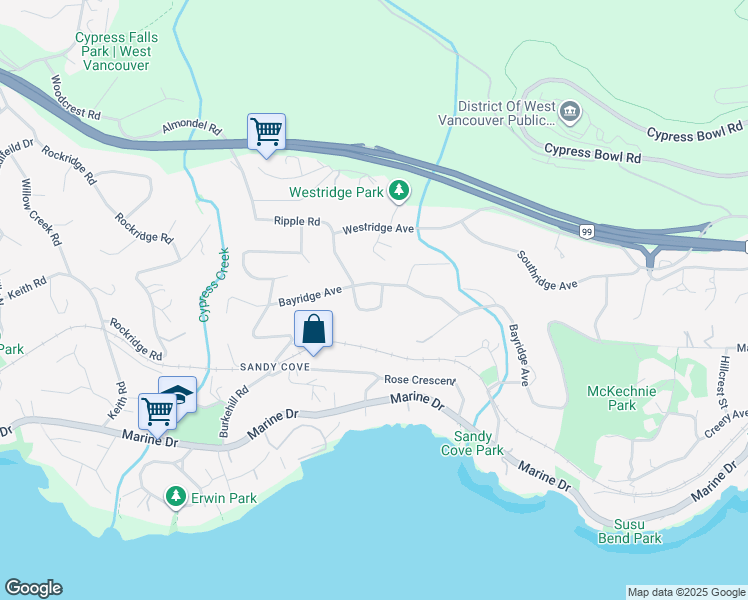map of restaurants, bars, coffee shops, grocery stores, and more near 4011 Bayridge Crescent in West Vancouver