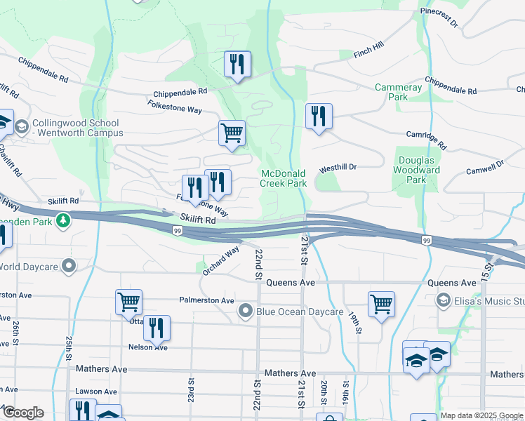 map of restaurants, bars, coffee shops, grocery stores, and more near 2101 Union Court in West Vancouver