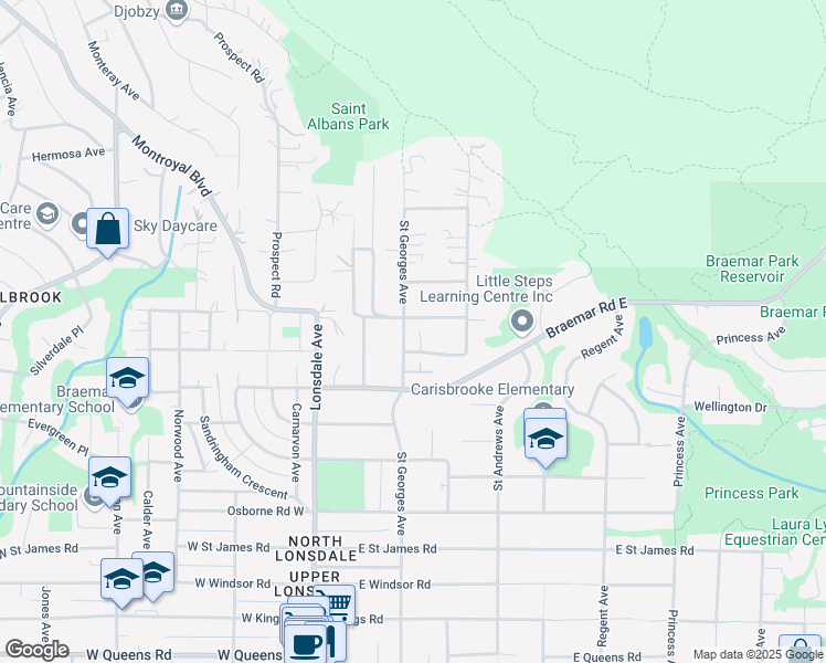 map of restaurants, bars, coffee shops, grocery stores, and more near 3880 Saint Georges Avenue in North Vancouver