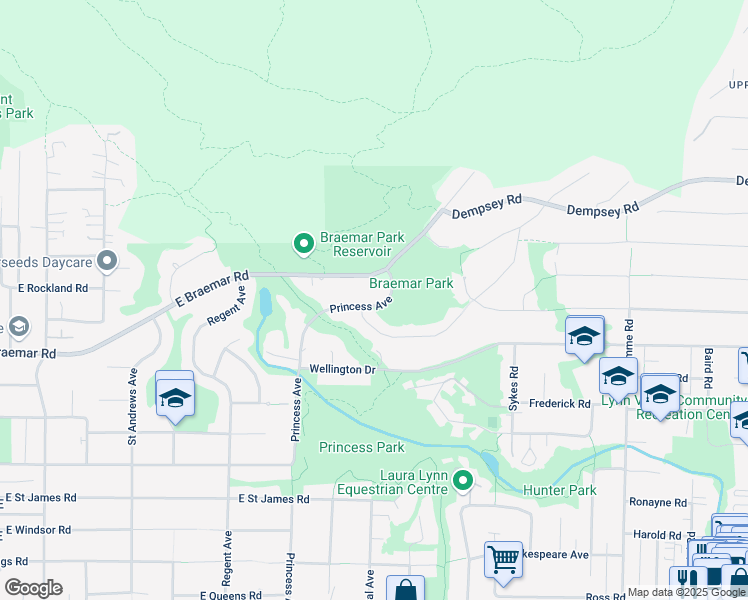 map of restaurants, bars, coffee shops, grocery stores, and more near 3847 Princess Avenue in North Vancouver