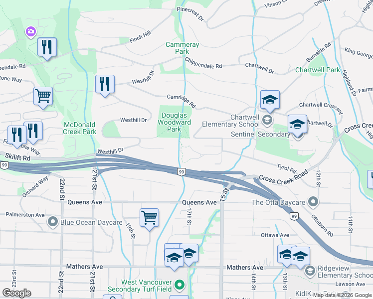 map of restaurants, bars, coffee shops, grocery stores, and more near 1590 Tyrol Court in West Vancouver