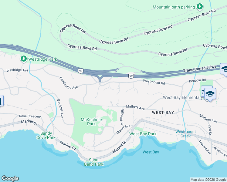 map of restaurants, bars, coffee shops, grocery stores, and more near Cedaridge Place in West Vancouver
