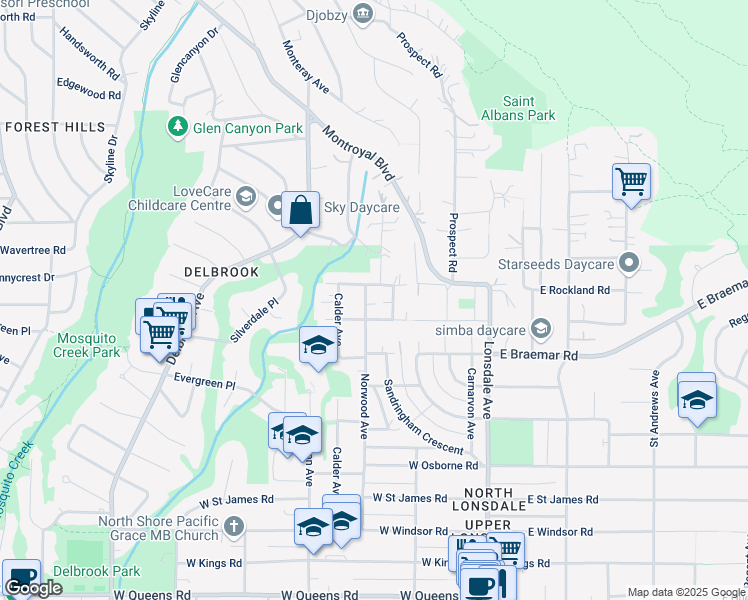 map of restaurants, bars, coffee shops, grocery stores, and more near 3852 Norwood Avenue in North Vancouver