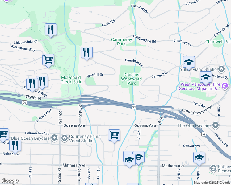 map of restaurants, bars, coffee shops, grocery stores, and more near 2138 Westhill Place in West Vancouver