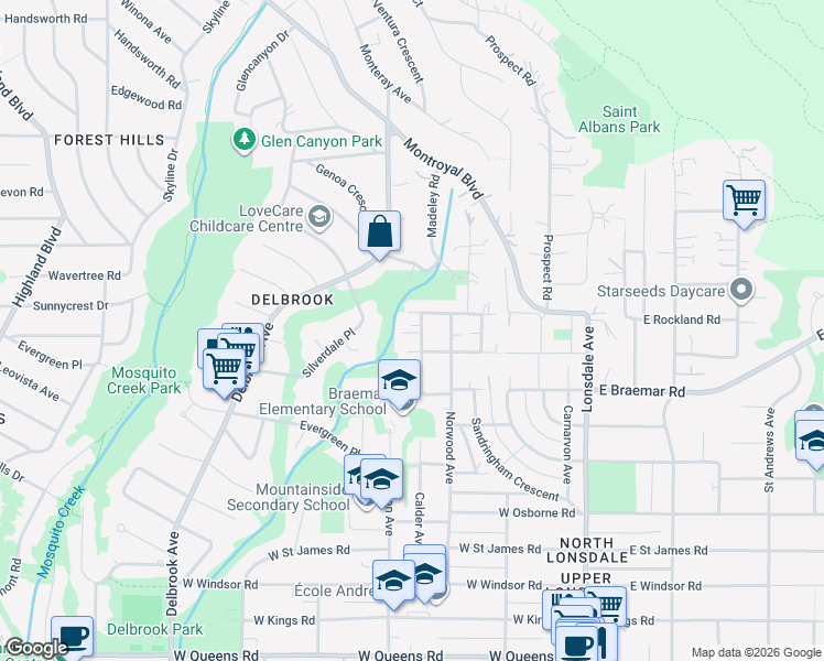 map of restaurants, bars, coffee shops, grocery stores, and more near 3859 Calder Avenue in North Vancouver