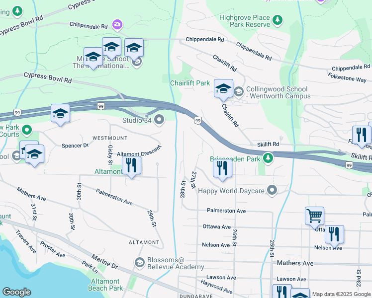 map of restaurants, bars, coffee shops, grocery stores, and more near 2120 28th Street in West Vancouver