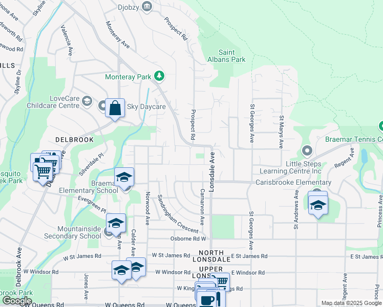 map of restaurants, bars, coffee shops, grocery stores, and more near 3840 Prospect Road in North Vancouver