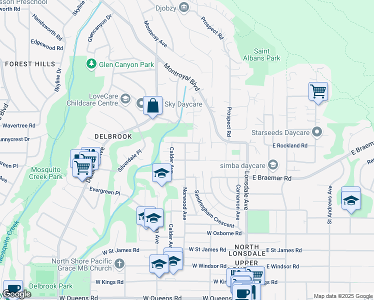 map of restaurants, bars, coffee shops, grocery stores, and more near 3852 Norwood Avenue in North Vancouver