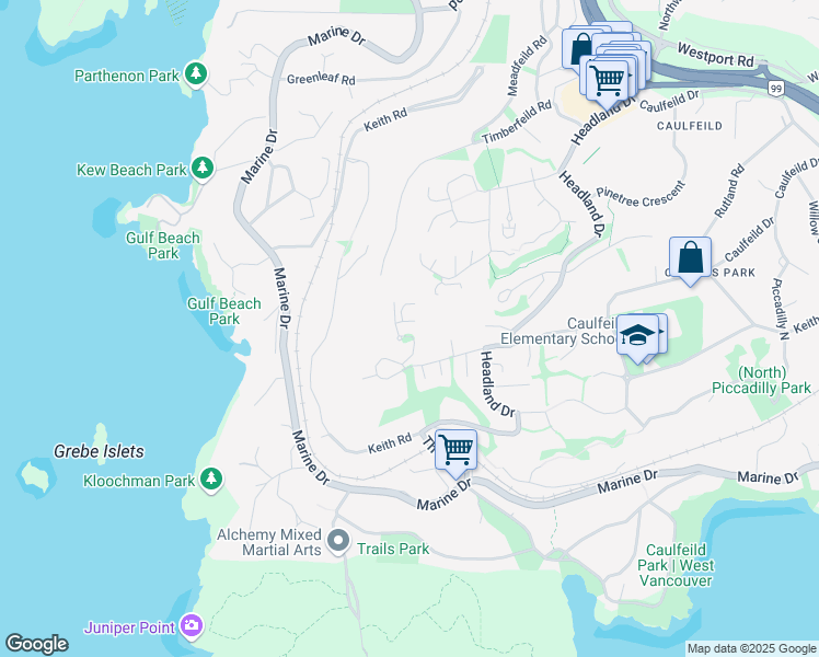 map of restaurants, bars, coffee shops, grocery stores, and more near 4987 Meadfeild Wynd in West Vancouver
