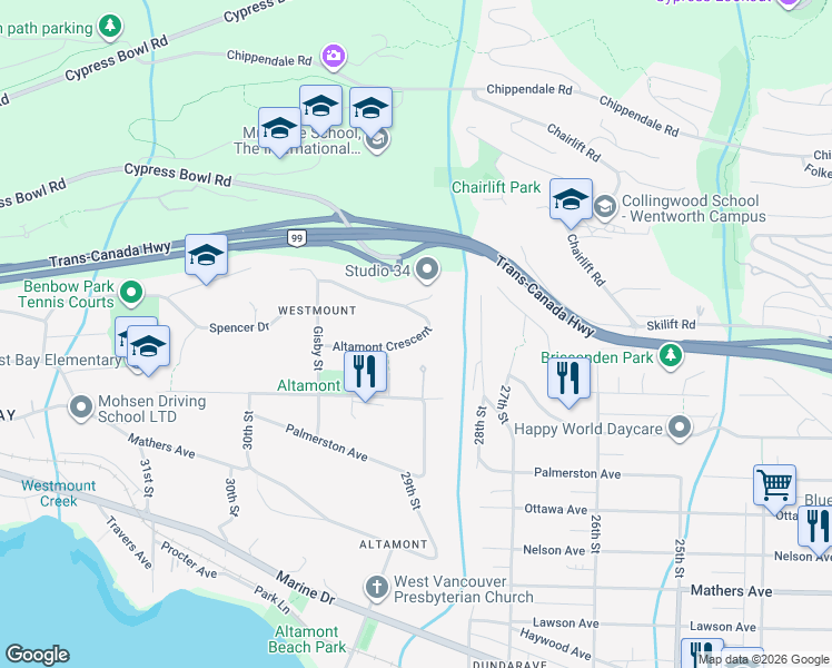 map of restaurants, bars, coffee shops, grocery stores, and more near 2924 Altamont Crescent in West Vancouver