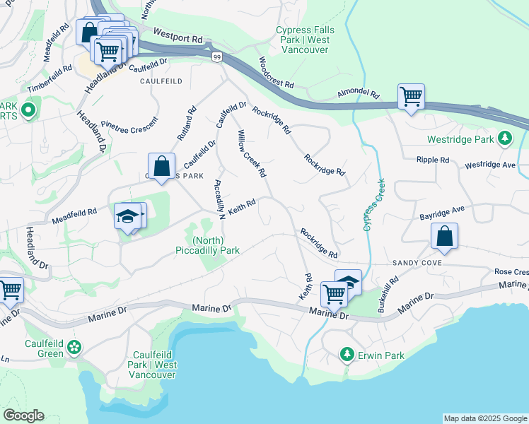 map of restaurants, bars, coffee shops, grocery stores, and more near 4442 Regency Place in West Vancouver
