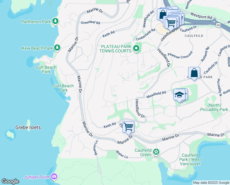 map of restaurants, bars, coffee shops, grocery stores, and more near 4987 Meadfeild Wynd in West Vancouver
