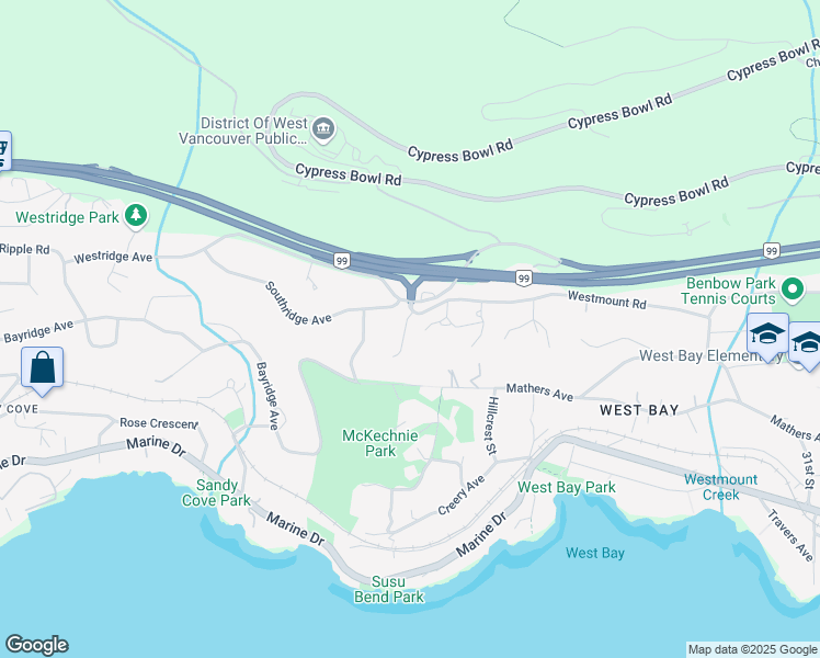 map of restaurants, bars, coffee shops, grocery stores, and more near 3714 Southridge Place in West Vancouver