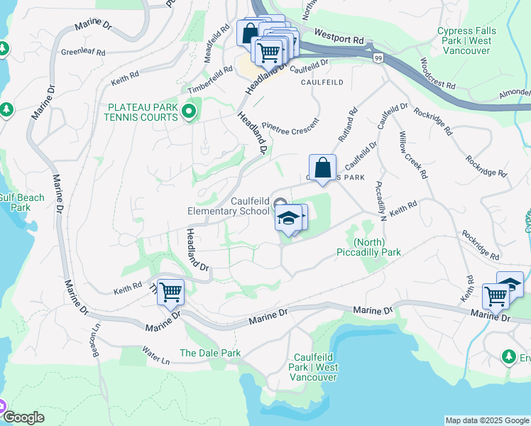 map of restaurants, bars, coffee shops, grocery stores, and more near 4706 Meadfeild Road in West Vancouver
