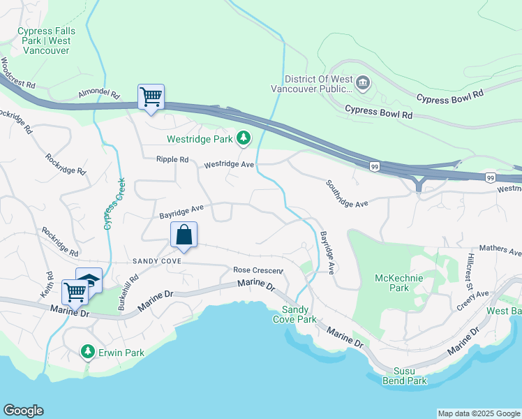map of restaurants, bars, coffee shops, grocery stores, and more near 3985 Bayridge Avenue in West Vancouver