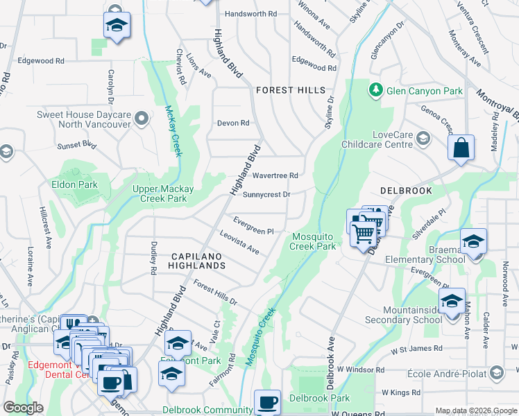 map of restaurants, bars, coffee shops, grocery stores, and more near 922 Wentworth Avenue in North Vancouver