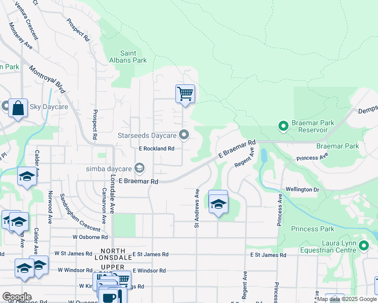 map of restaurants, bars, coffee shops, grocery stores, and more near 3890 Saint Marys Avenue in North Vancouver