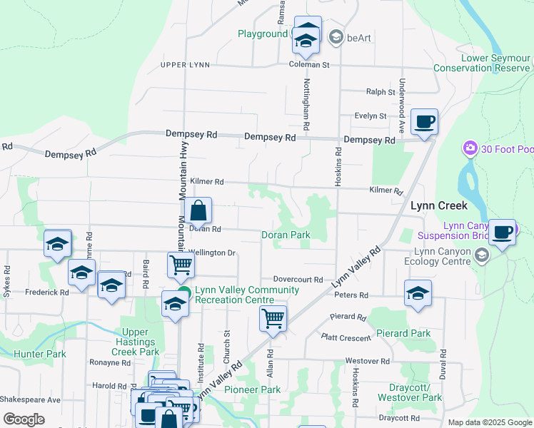 map of restaurants, bars, coffee shops, grocery stores, and more near 1491 Chamberlain Drive in North Vancouver