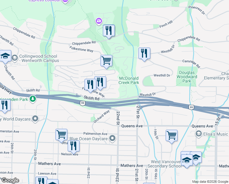 map of restaurants, bars, coffee shops, grocery stores, and more near 2206 Folkestone Way in West Vancouver