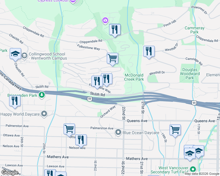 map of restaurants, bars, coffee shops, grocery stores, and more near 2212 Folkestone Way in West Vancouver