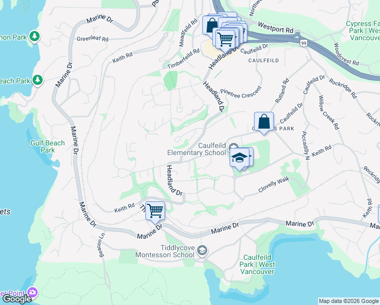map of restaurants, bars, coffee shops, grocery stores, and more near 4856 Headland Drive in West Vancouver