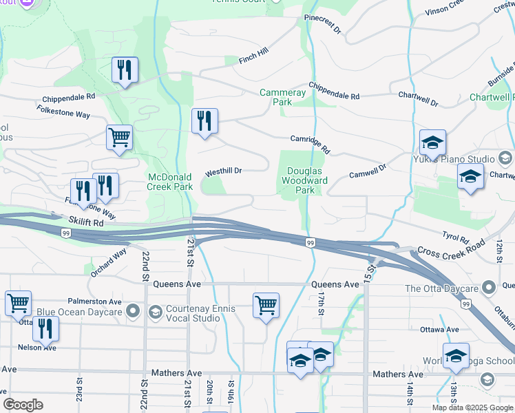 map of restaurants, bars, coffee shops, grocery stores, and more near 2128 Westhill Drive in West Vancouver