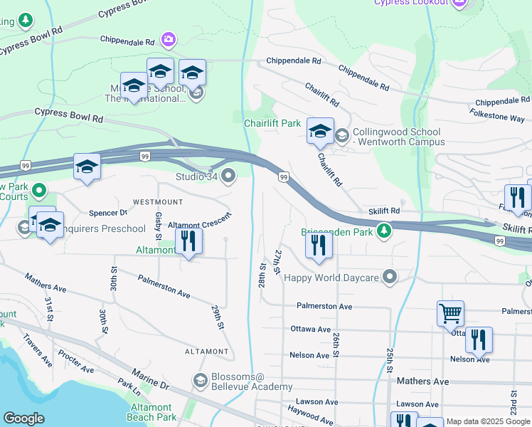 map of restaurants, bars, coffee shops, grocery stores, and more near 2120 28th Street in West Vancouver