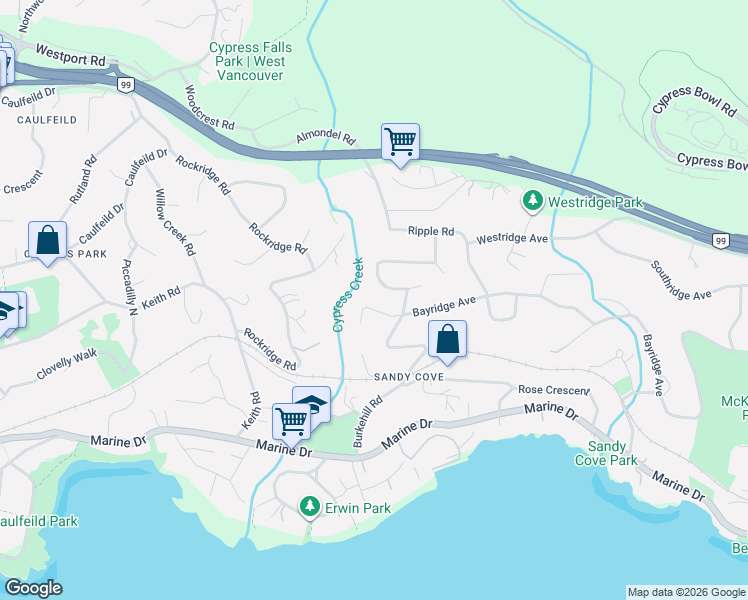 map of restaurants, bars, coffee shops, grocery stores, and more near 4135 Burkehill Place in West Vancouver