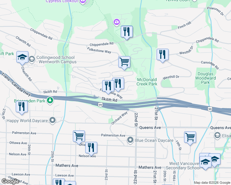 map of restaurants, bars, coffee shops, grocery stores, and more near 2250 Folkestone Way in West Vancouver