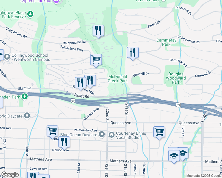 map of restaurants, bars, coffee shops, grocery stores, and more near 2101 Union Court in West Vancouver