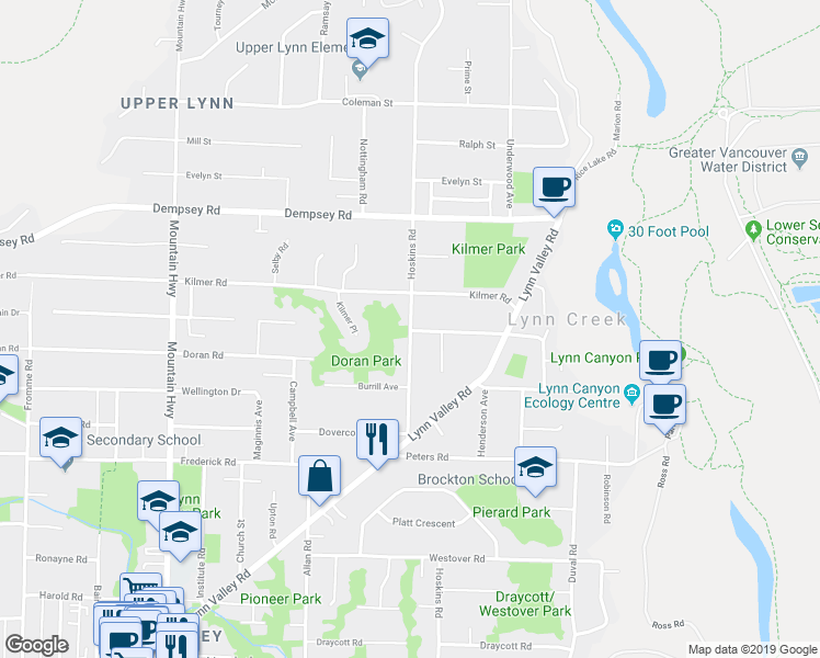 map of restaurants, bars, coffee shops, grocery stores, and more near 3925 Hoskins Road in North Vancouver