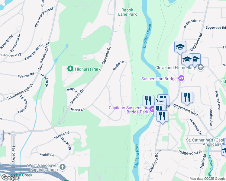 map of restaurants, bars, coffee shops, grocery stores, and more near 352 Saint James Crescent in West Vancouver