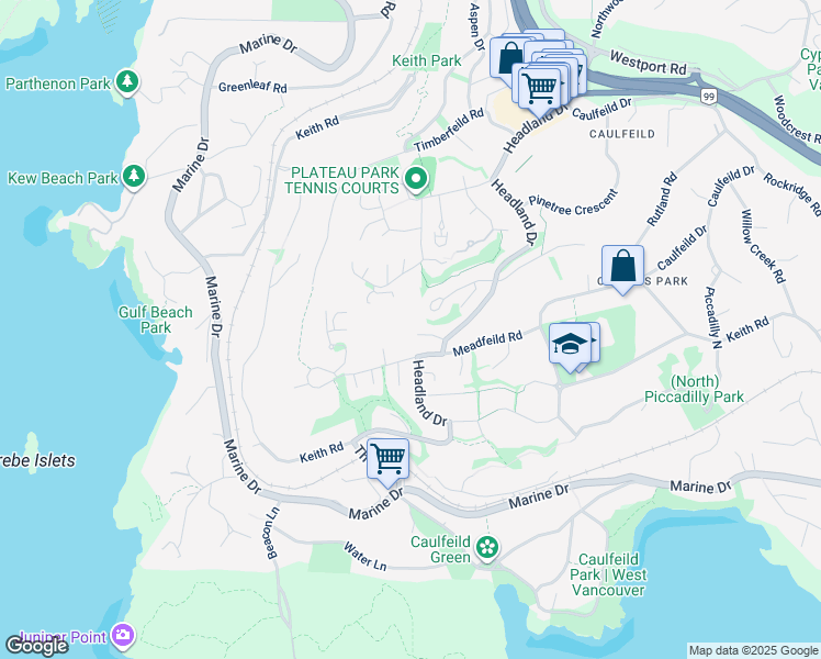 map of restaurants, bars, coffee shops, grocery stores, and more near 4825 Headland Close in West Vancouver