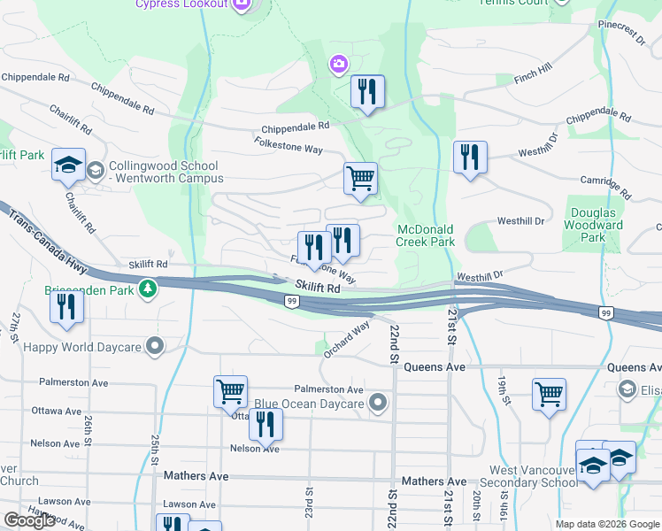 map of restaurants, bars, coffee shops, grocery stores, and more near 2212 Folkestone Way in West Vancouver