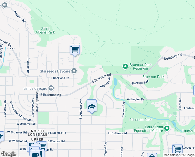 map of restaurants, bars, coffee shops, grocery stores, and more near 524 Braemar Road East in North Vancouver