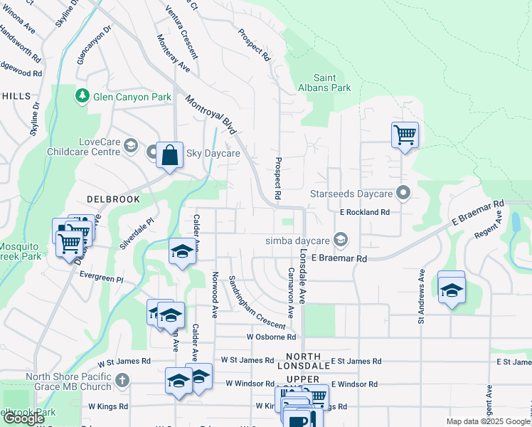 map of restaurants, bars, coffee shops, grocery stores, and more near 217 West Rockland Road in North Vancouver