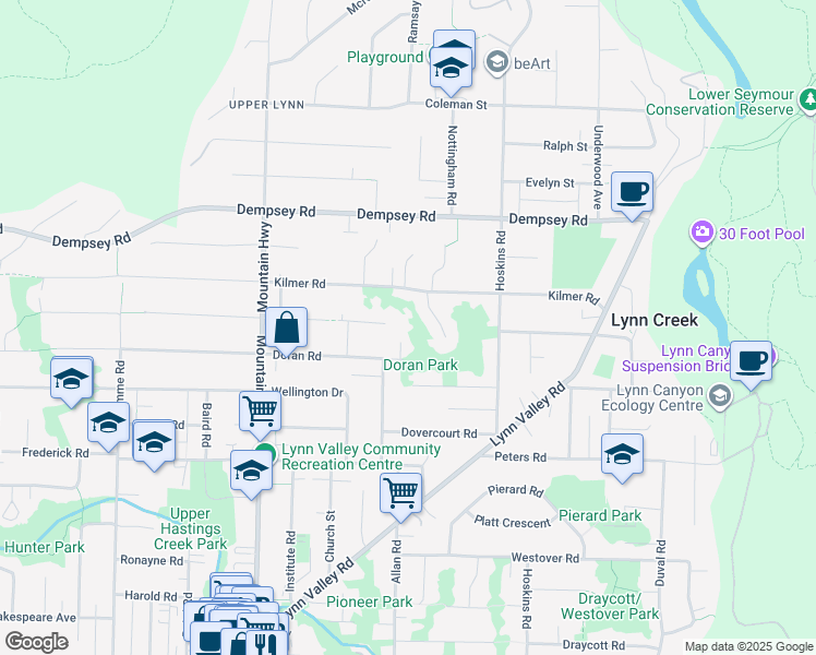 map of restaurants, bars, coffee shops, grocery stores, and more near 1498 Chamberlain Drive in North Vancouver