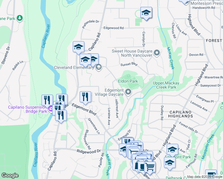 map of restaurants, bars, coffee shops, grocery stores, and more near 3975 Hillcrest Avenue in North Vancouver
