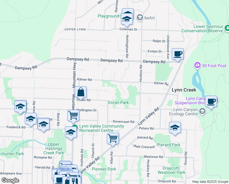 map of restaurants, bars, coffee shops, grocery stores, and more near 1498 Chamberlain Drive in North Vancouver