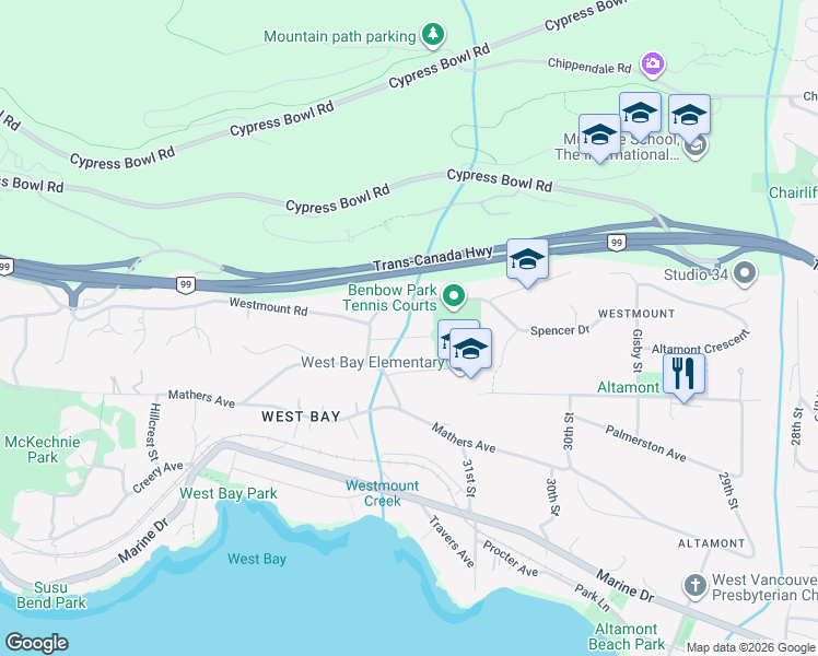 map of restaurants, bars, coffee shops, grocery stores, and more near 3171 Westmount Place in West Vancouver