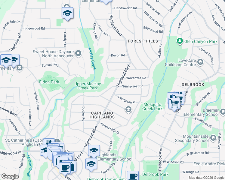 map of restaurants, bars, coffee shops, grocery stores, and more near 3955 Highland Boulevard in North Vancouver