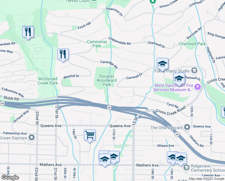 map of restaurants, bars, coffee shops, grocery stores, and more near 1595 Tyrol Court in West Vancouver