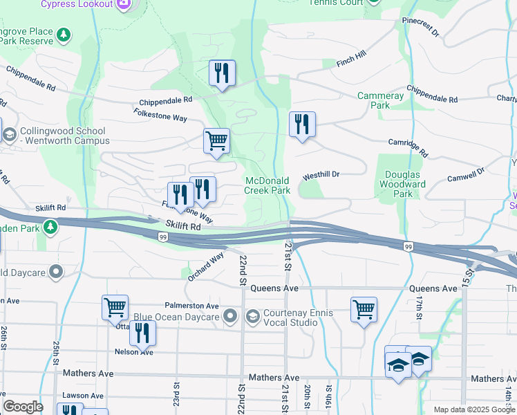 map of restaurants, bars, coffee shops, grocery stores, and more near 2121 Union Court in West Vancouver