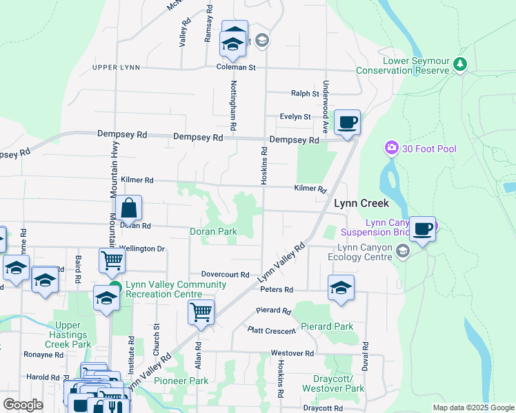 map of restaurants, bars, coffee shops, grocery stores, and more near 3925 Hoskins Road in North Vancouver