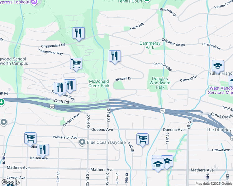 map of restaurants, bars, coffee shops, grocery stores, and more near 2281 Westhill Drive in West Vancouver