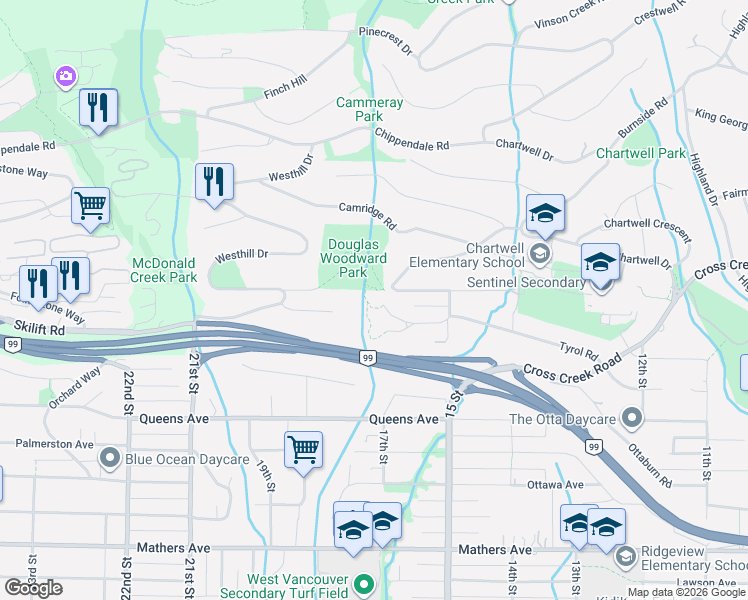 map of restaurants, bars, coffee shops, grocery stores, and more near 1595 Tyrol Court in West Vancouver
