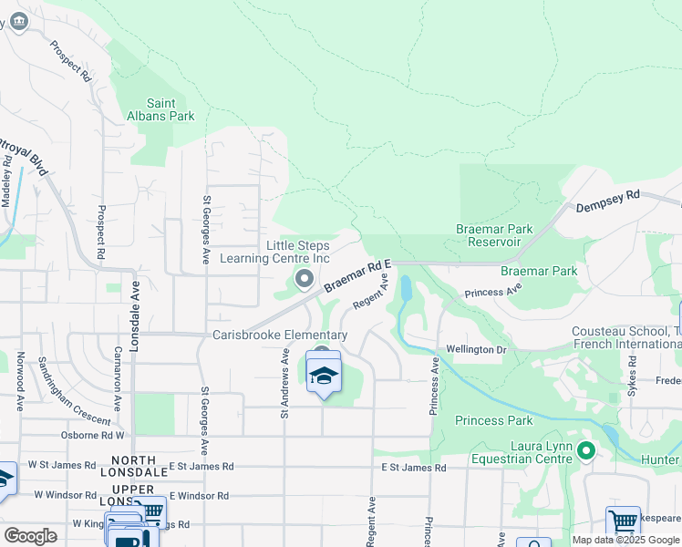 map of restaurants, bars, coffee shops, grocery stores, and more near 524 Braemar Road East in North Vancouver