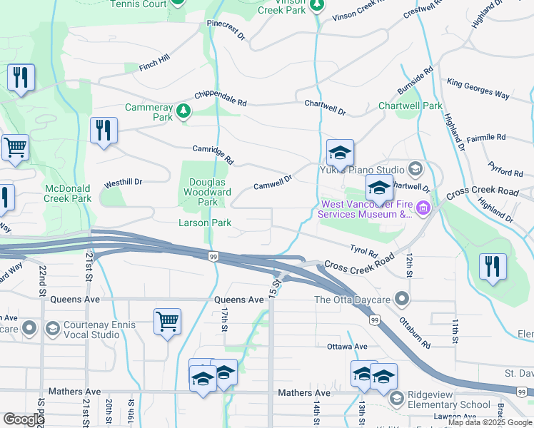 map of restaurants, bars, coffee shops, grocery stores, and more near 1510 Camelot Road in West Vancouver
