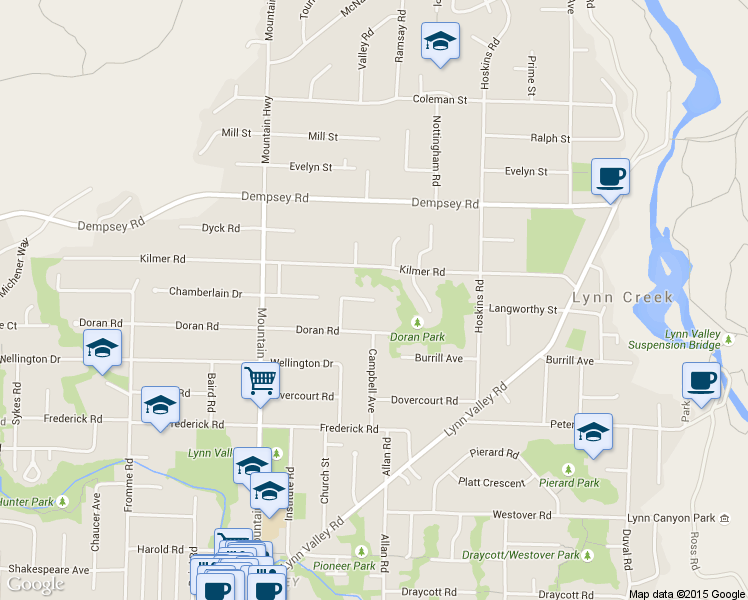 map of restaurants, bars, coffee shops, grocery stores, and more near 1498 Chamberlain Drive in North Vancouver